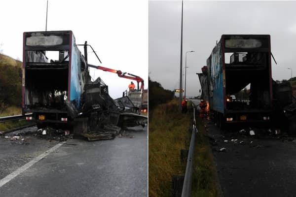 Highways England shared these pictures of the burnt out lorry on the M62