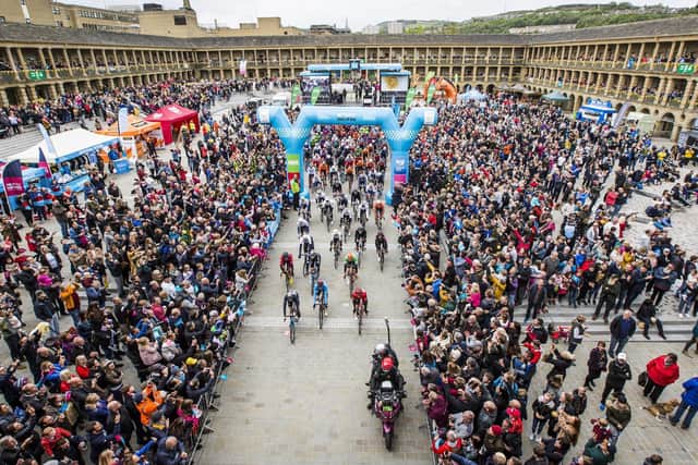 Tour de Yorkshire riders leave the Piece Hall in Halifax
