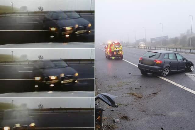 The moment a car loses control on the M62 in front of police officers