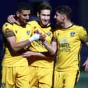 Sutton United celebrate a goal during the National League match against Dagenham and Redbridge at Gander Green Lane on November 17. )Photo by Clive Rose/Getty Images)