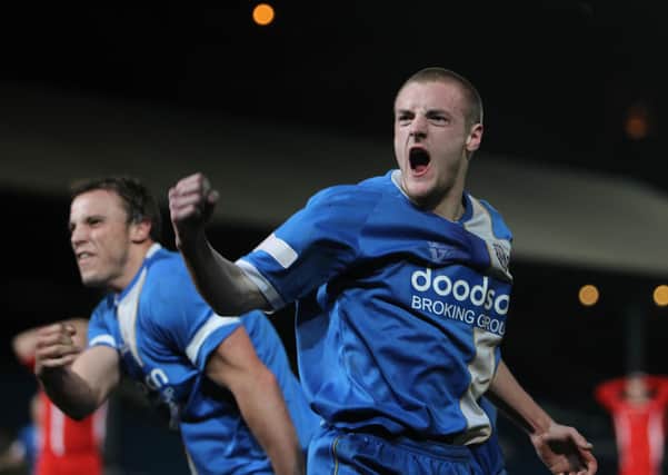 Actions from the game FC Halifax Town v Chasetown at the Shay, Halifax
Pictured is Jamie Vardy celebrates first goal