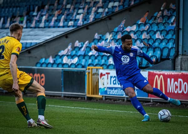 Action from FC Halifax Town's FA Trophy clash with Hartlepool at The Shay. Photo: TS Media