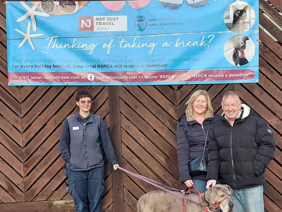 Yeli Williams of the Halifax, Huddersfield, Bradford and District branch of the RSPCA with Great Dane Maddie (aged 7), Rachael and Colman Coyne (Jetset Not Just Travel)