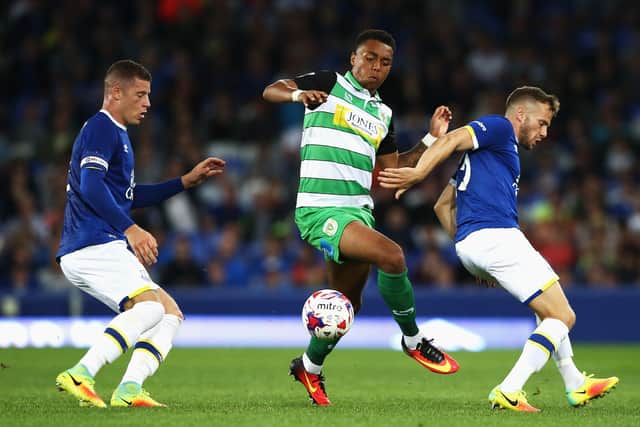 LIVERPOOL, ENGLAND - AUGUST 23: Tahvon Campbell of Yeovil Town takes on Ross Barkley (L) and Tom Cleverley of Everton during the EFL Cup second round match between Everton and Yeovil Town at Goodison Park on August 23, 2016 in Liverpool, England.  (Photo by Jan Kruger/Getty Images)