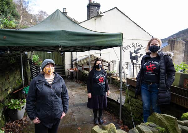 Emma Williamson, Hannah Nadim and Rachael Steater at the Fox and Goose. A Crowdfunding campaign has been to started to help the Fox and Goose community pub to build a covered and heated outdoor space for customers of the pub