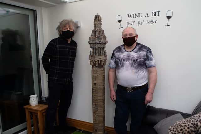 David Loboda and Brian Williams (who are in a bubble together) have built a 5ft tall model of Wainhouse Tower out of stone and wood during the pandemic.