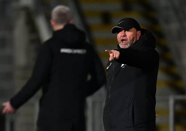 TORQUAY, ENGLAND - OCTOBER 13:  Gary Johnson, Manager of Torquay United reacts during the Vanarama National League match between Torquay United and Chesterfield at Plainmoor on October 13, 2020 in Torquay, England. Sporting stadiums around the UK remain under strict restrictions due to the Coronavirus Pandemic as Government social distancing laws prohibit fans inside venues resulting in games being played behind closed doors. (Photo by Dan Mullan/Getty Images)