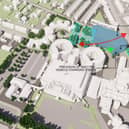 The highlighted blue area shows where the multi-storey car park will be built in front of the existing main entrance