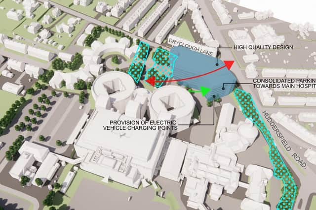 The highlighted blue area shows where the multi-storey car park will be built in front of the existing main entrance