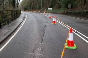 Cracks in road due to subsidence, near Cromell Bottom, Elland to Brighouse road