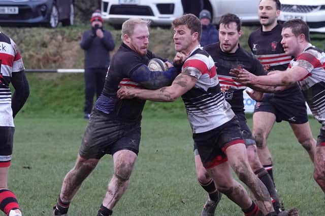 Old Brods v Ilkley. Photo: Robin Sugden. Michael Briggs with the ball.