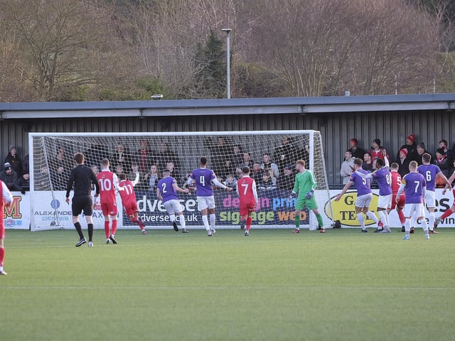 Jake Day, no 9, puts Scarborough Athletic 1-0 ahead v Grantham Town