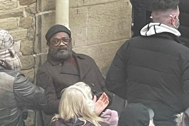 Samuel L Jackson outside The Piece Hall in Halifax yesterday. Photo by Intelligency.