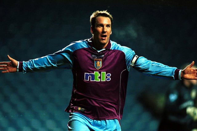 Aston Villa captain Paul Merson celebrates after opening the scoring. It was Villa's first goal in 386 minutes of Premiership football since George Boateng scored in the 2-1 win at Elland Road the previous month.