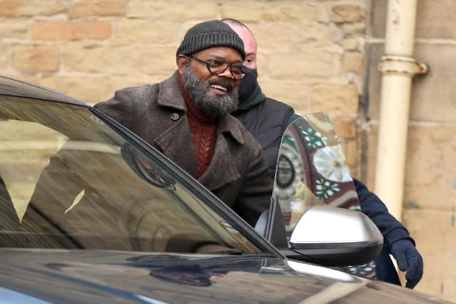 Samuel L Jackson seen on set during filming of the Marvel Disney Plus series Secret Invasion at The Piece Hall. (Photo by Gerard Binks/Getty Images)