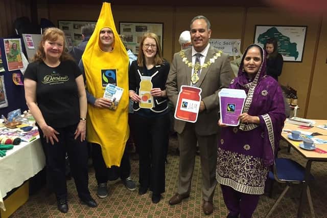 Kay Holmes (far left) with Calderdale Councillor Adam Wilkinson, MP Holly Lynch and the then Mayor of Calderdale Ferman Ali and his wife at a Fairtrade Halifax event in 2016.