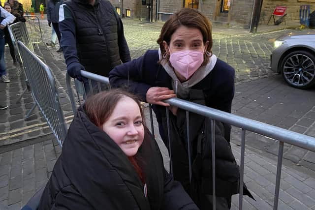 Marvel superfan Hollie Shaw with actress Cobie Smulders outside The Piece Hall in Halifax