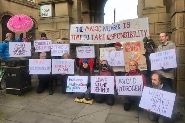 The environmental campaigners' protest in Halifax town centre on Sunday. Photo by Helen Blagg.