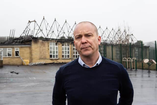 Mungo Sheppard, headteacher of Ash Green Primary School, outside the upper site after the fire. Photo by Bruce Fitzgerald.