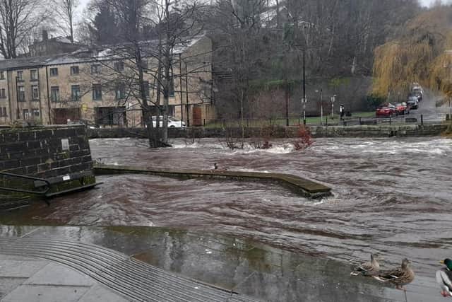 Flood warnings are in place across Calderdale. This photo was taken in Hebden Bridge town centre. Photo by Sarah Courtney