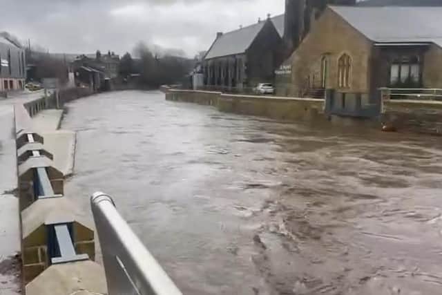 High river levels in Mytholmroyd and Brearley in Calderdale. Picture from video by Scott Patient.
