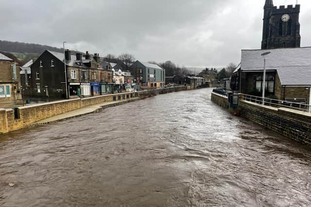 Water levels in Mytholmroyd take earlier today. Photo by Scott Patient