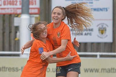 Ellie White, right, made a goal-scoring return for Brighouse last weekend. Picture: Ray Spencer