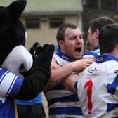 Former Rovers player Sean Hesketh celebrates scoring a try for Halifax.