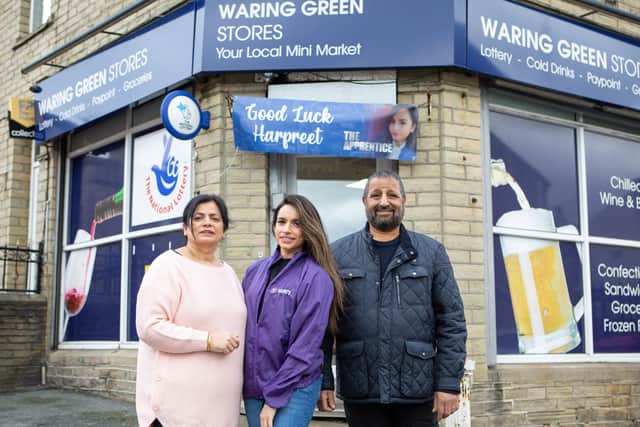 Apprentice contestant Harpreet Kaur, with her parents Jas Kaur and Pete Singh at their family run Waring Green Store, Brighouse