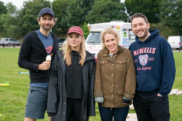 Jon Richardson, right, and Lucy Beaumont with David Tennant and Georgia Tennant, second left. Picture: UKTV