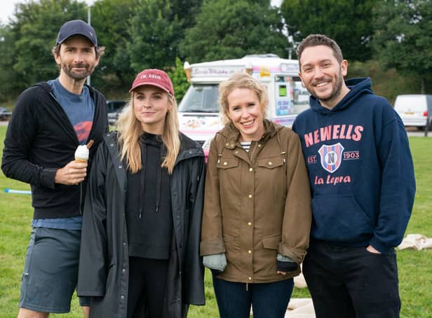 Jon Richardson, right, and Lucy Beaumont with David Tennant and Georgia Tennant, second left. Picture: UKTV