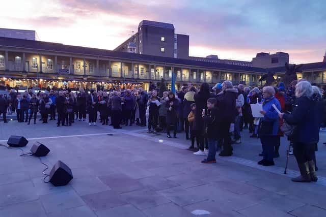 Scores of people gathered at The Piece Hall in Halifax this evening for the Stand with Ukraine event