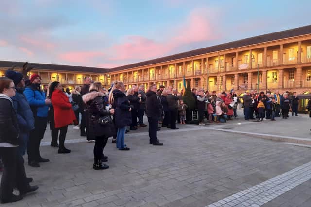 People gathered to show their support for people of Ukraine at The Piece Hall in Halifax yesterday
