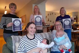 Calderdale mums join Lucy Watkins from the Wildgoose Cafe; Alison Walklate, Locala Infant Feeding Lead for Calderdale and Claire Young, Calderdale Breastfeeding Peer Supporter at the launch of Welcome to Breastfeeding Calderdale.