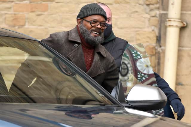 Samuel L Jackson seen on set during filming of the Marvel Disney Plus series Secret Invasion at The Piece Hall (Photo by Gerard Binks/Getty Images)