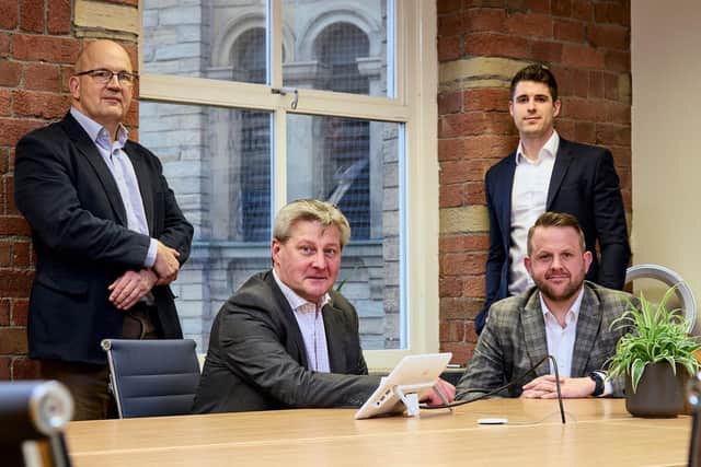 deal: From left, Ian Brown, Finance Yorkshire head of investments; Alex McWhir-ter, Finance Yorkshire chief executive; Stephen Milner, UMA; Will Holmes,  BHP.