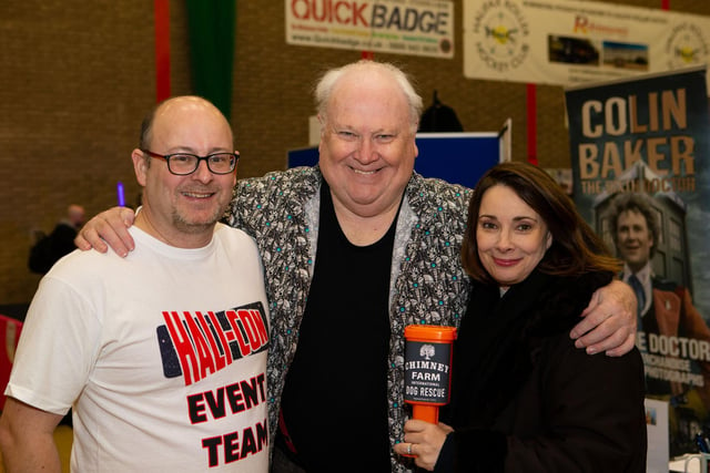 Organiser Martin Ballard, with former Dr Who, Colin Baker and co-star Nicola Bryant, at Hali-Con 2019