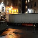 The lorry being packed with aid for Ukraine at Dean Clough in Halifax last night