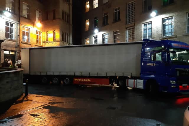 The lorry being packed with aid for Ukraine at Dean Clough in Halifax last night