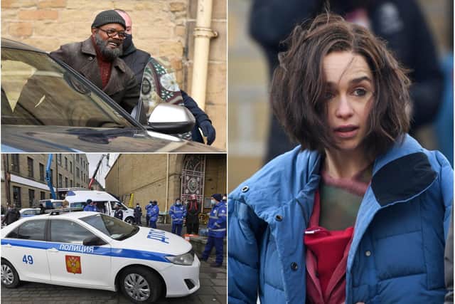 Samuel L Jackson and Emilia Clarke filming at the Piece Hall in Halifax (Getty Images)