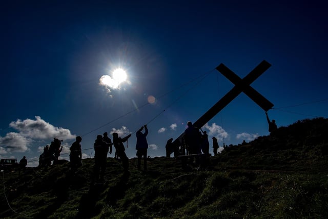 The 36ft symbol has been an iconic feature of the local landscape at Easter for almost every year since it was introduced by Otley Council in 1969. It is put in place at Surprise View.