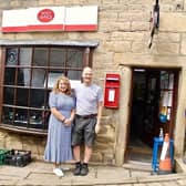 Tony and his wife Heather outside Heptonstall Post Office.