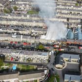 The fire on Queens Road today. Photo by AV8 Aerial Media