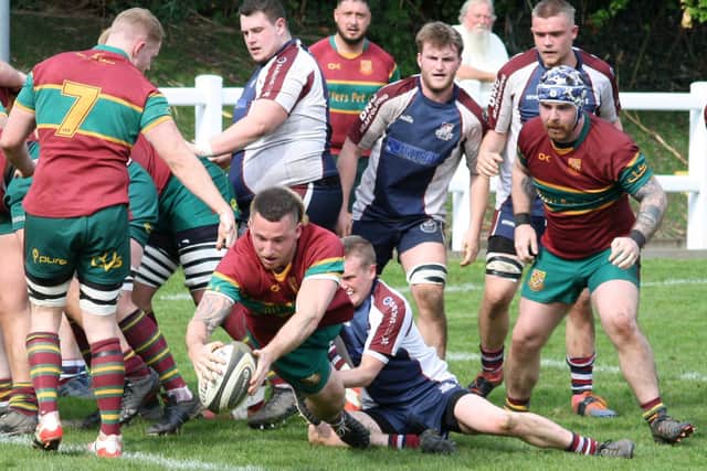 Jason Merrie scores a try for Heath against Scarborough RUFC