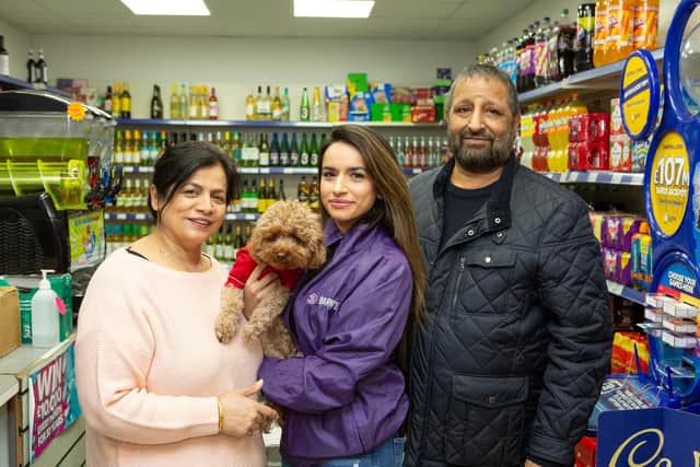 Harpreet with her parents Jas Kaur and Pete Singh at their family-run Waring Green Store in Brighouse (Photo: Bruce Fitzgerald)
