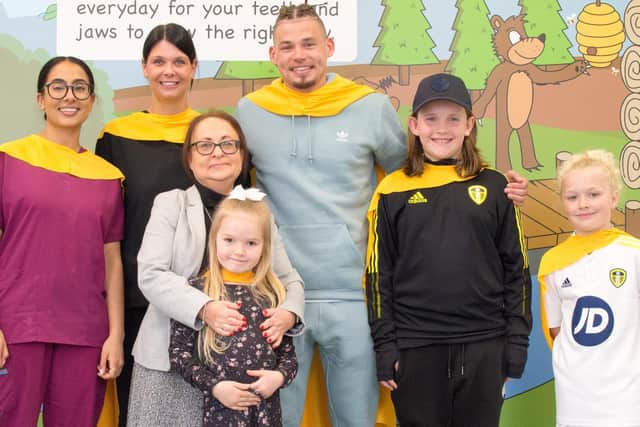 Kalvin Phillips with Rachel Dilley and dental nurses Ram Kaur & Chloe Ross when he recently visited the designated children's clinic at Town Hall Dental.