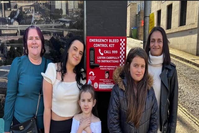 The family of Casey Badhams with the first bleed control cabinet installed at The Acapulco in Halifax. Josie Baldry, Jade Kershaw, Lilah Badhams, Laney Pemberton and Mina Kershaw