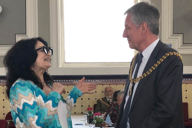 Outgoing Mayor Councillor Pat Taylor and the Mayor of Burnley