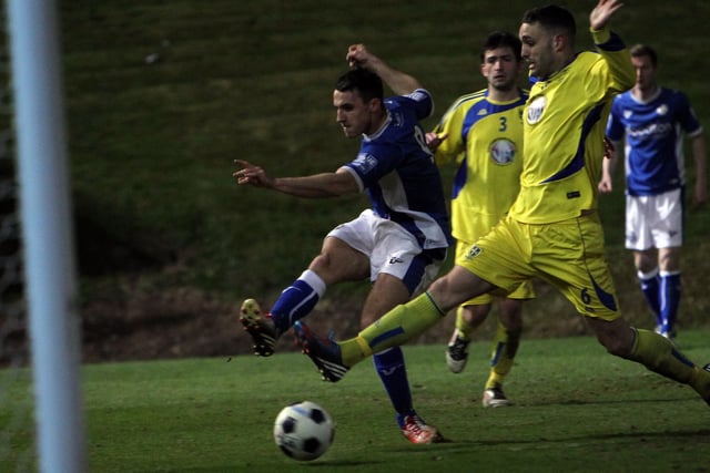 Lee Gregory in action for Town against Guiseley in 2013's semi-final first-leg