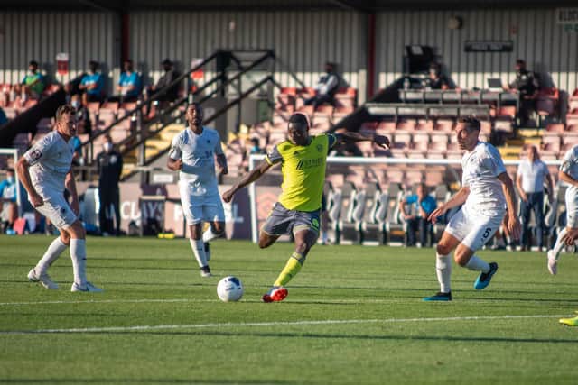 Tobi Sho-Silva in action for Town in their 2020 play-off eliminator defeat at Boreham Wood. Photo: Marcus Branston